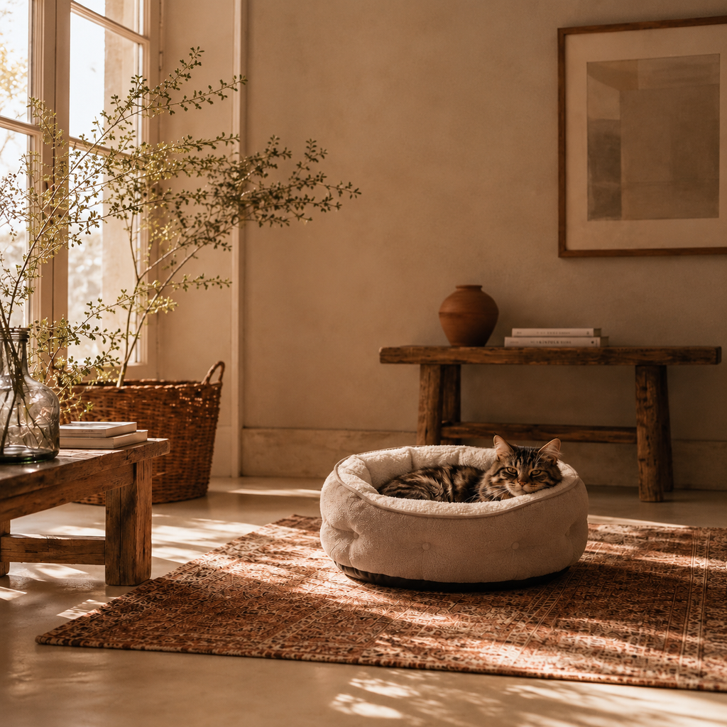Danby Round Cat Bed shown in a living room | The Fernby