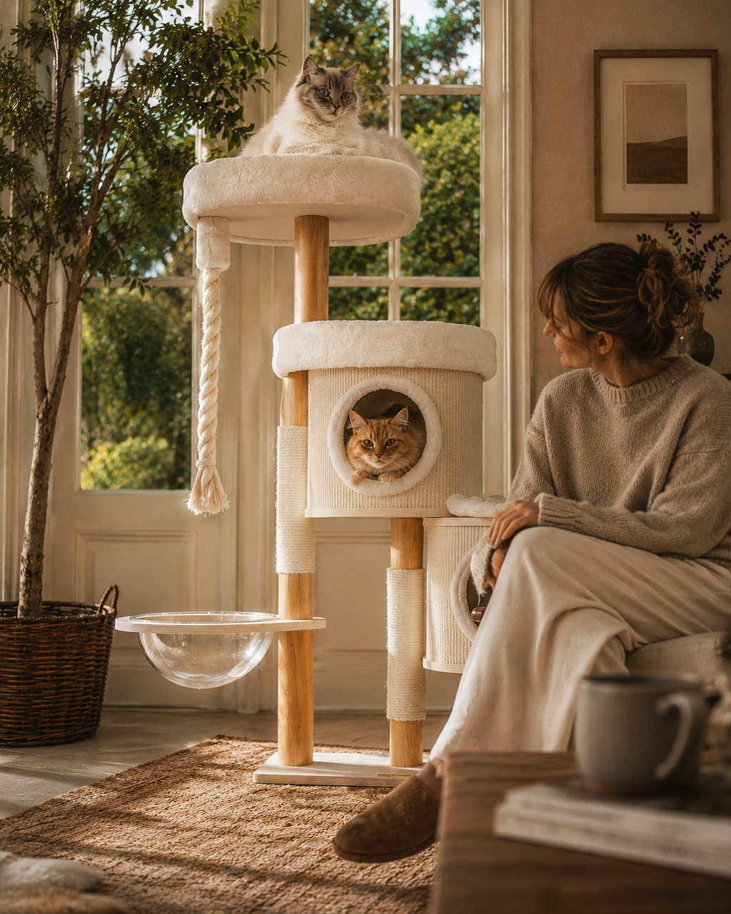 Luxury Hide & Sleep Cat Tree with Scratching Posts & Acrylic Hammock | The Fernby