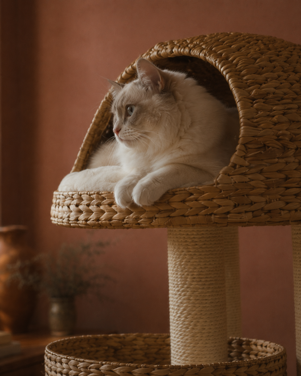 Luxury Wicker Cat Tree with Scratching Posts & Hideaway | The Fernby