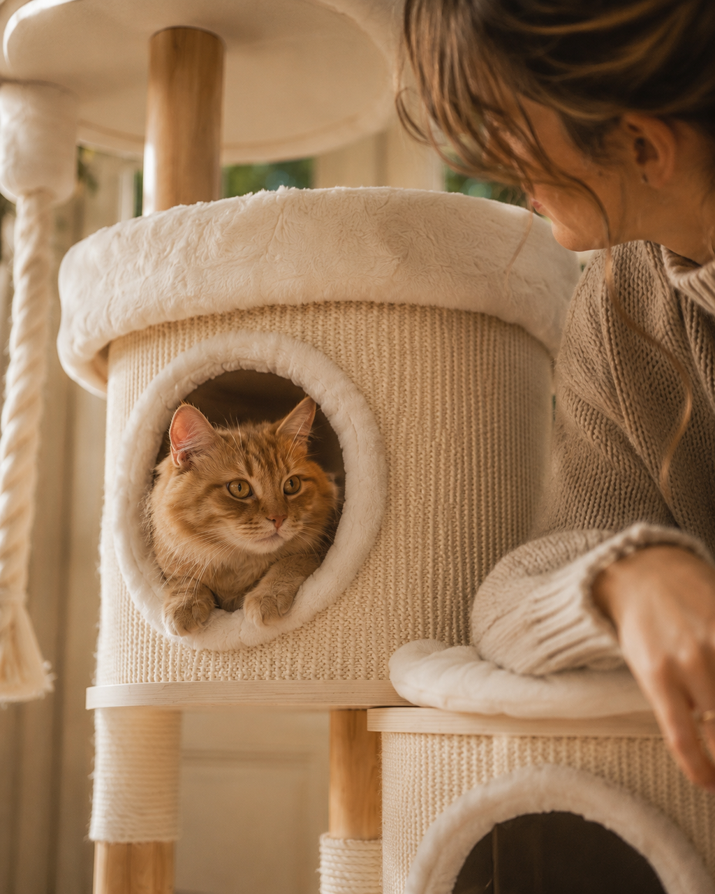 Luxury Hide & Sleep Cat Tree with Scratching Posts & Acrylic Hammock | The Fernby