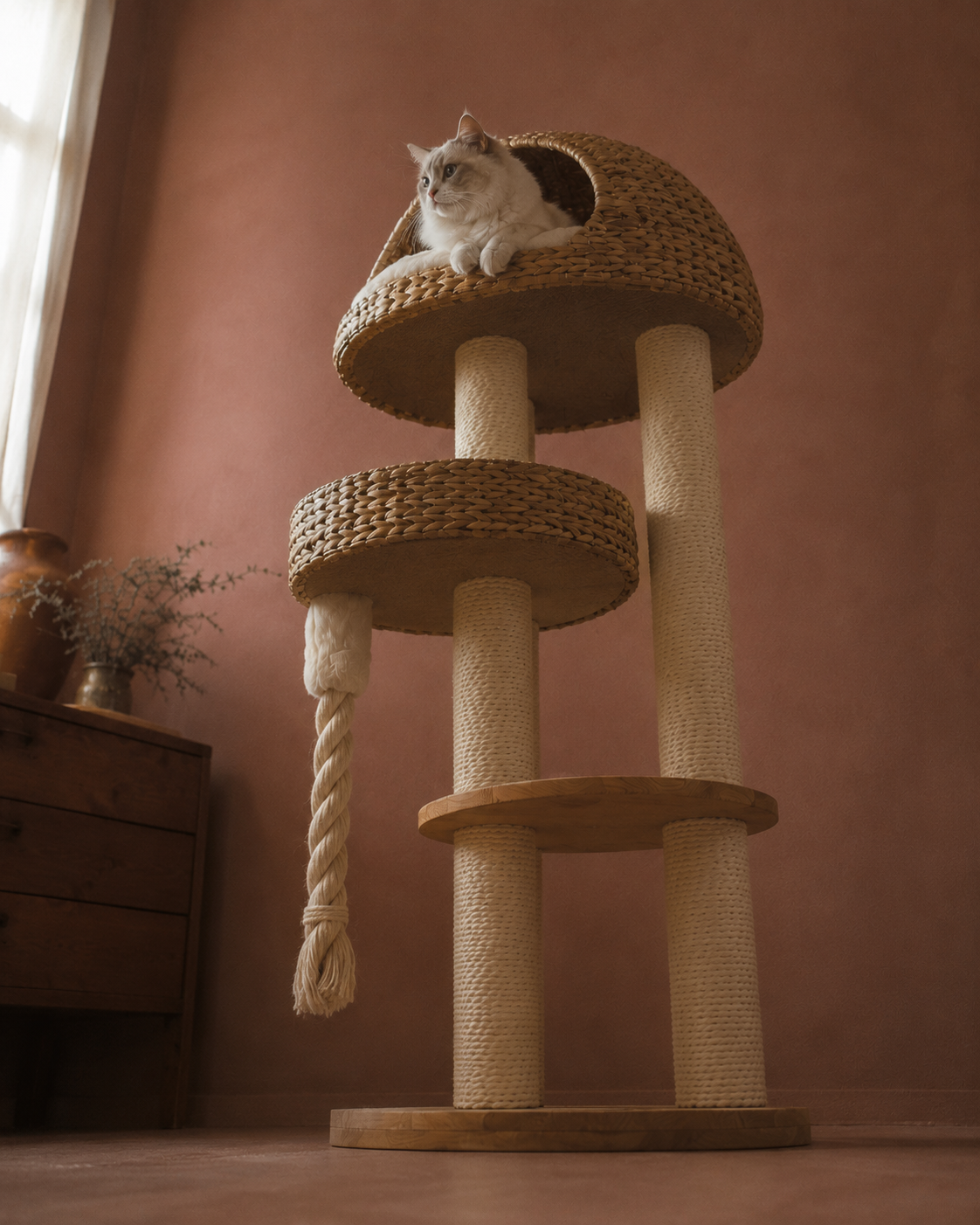 Luxury Wicker Cat Tree with Scratching Posts & Hideaway | The Fernby