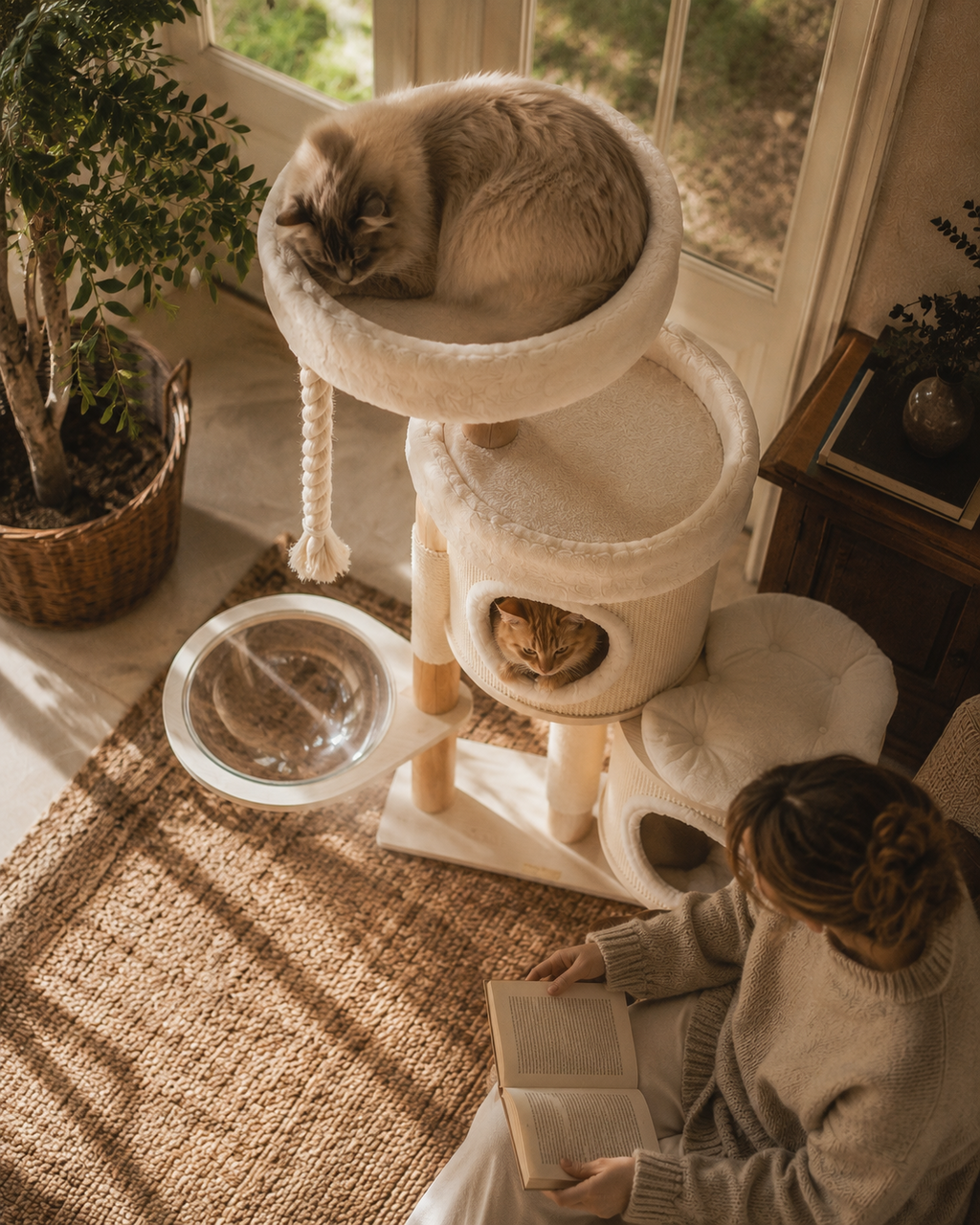 Luxury Hide & Sleep Cat Tree with Scratching Posts & Acrylic Hammock | The Fernby