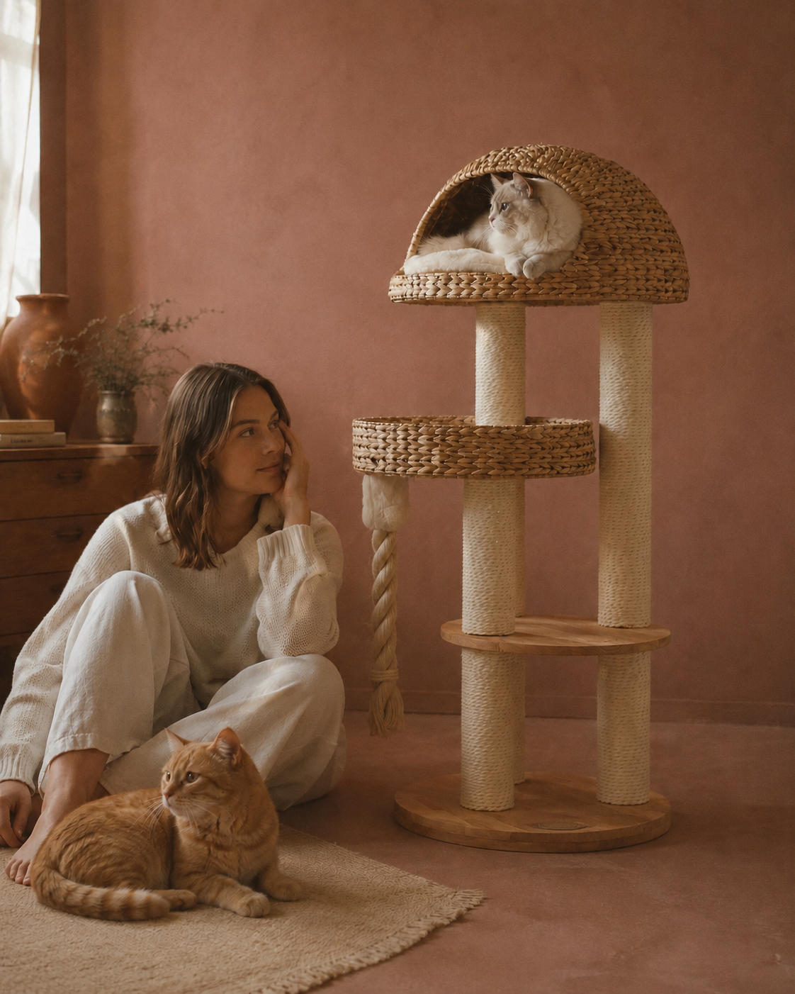Luxury Wicker Cat Tree with Scratching Posts & Hideaway | The Fernby