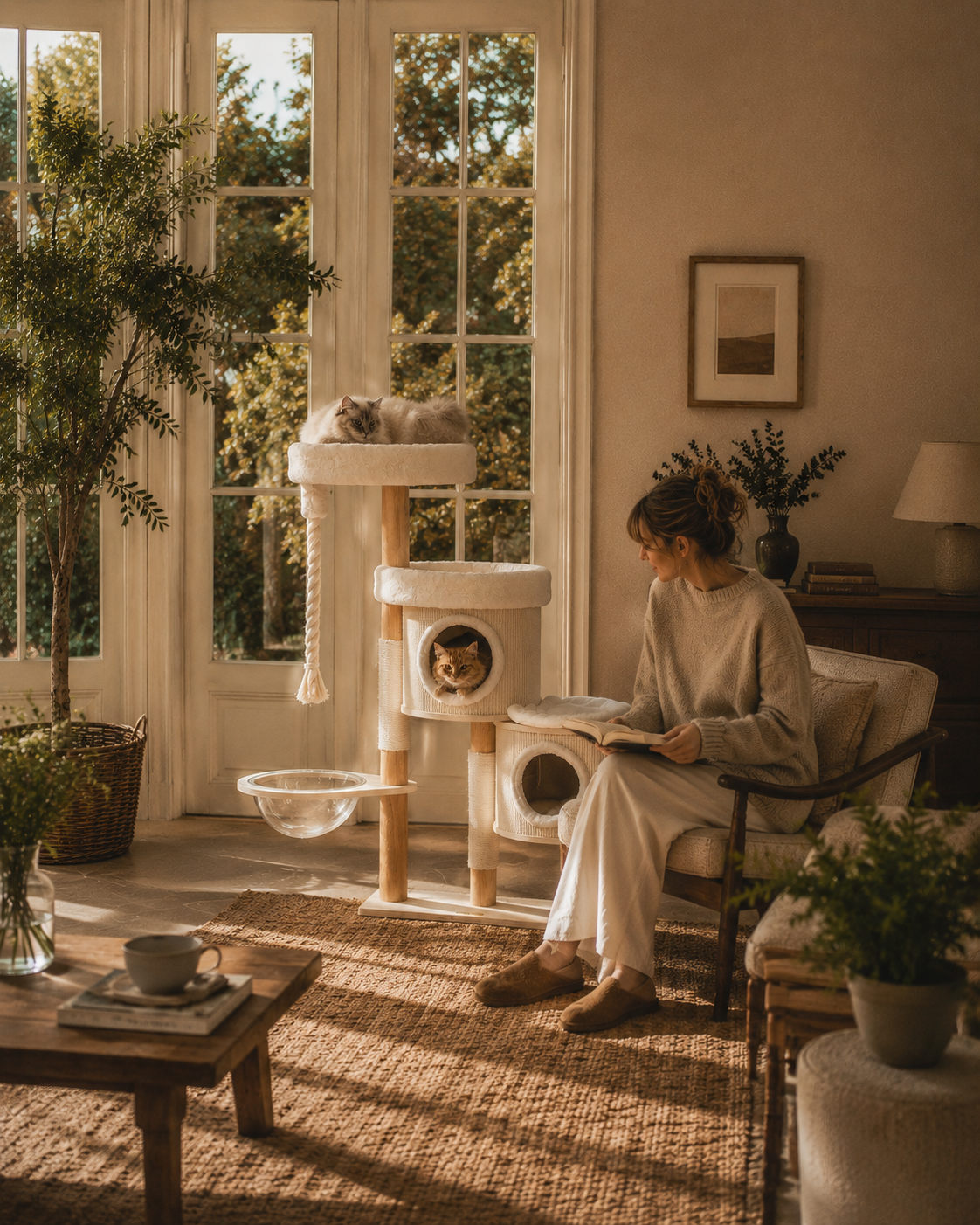 Luxury Hide & Sleep Cat Tree with Scratching Posts & Acrylic Hammock | The Fernby