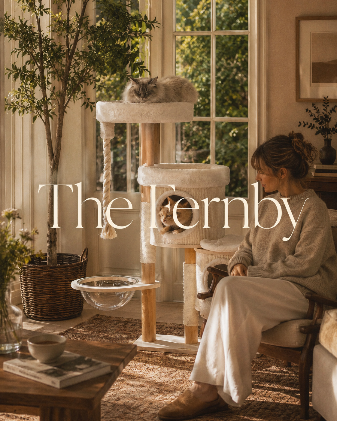 Luxury Hide & Sleep Cat Tree with Scratching Posts & Acrylic Hammock | The Fernby