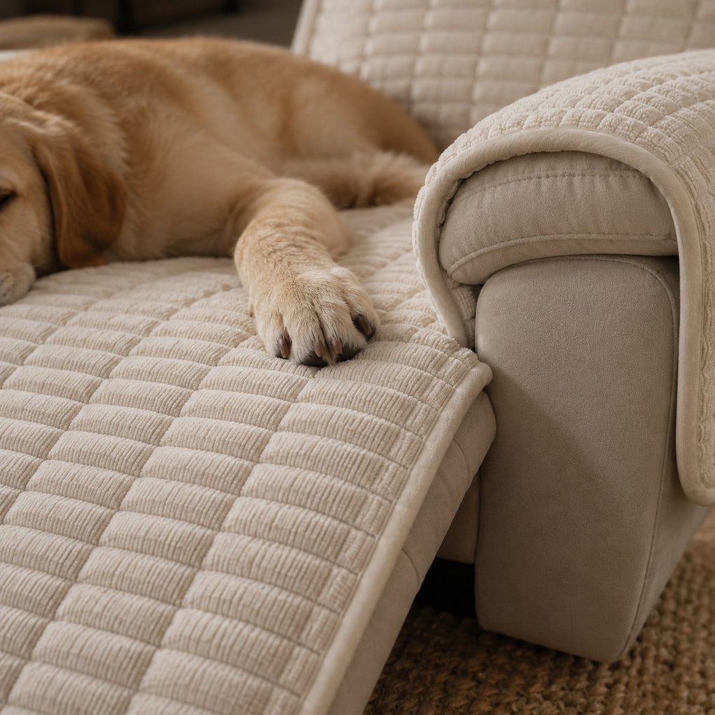 Aldwick pet recliner cover in cream white in use at home | The Fernby