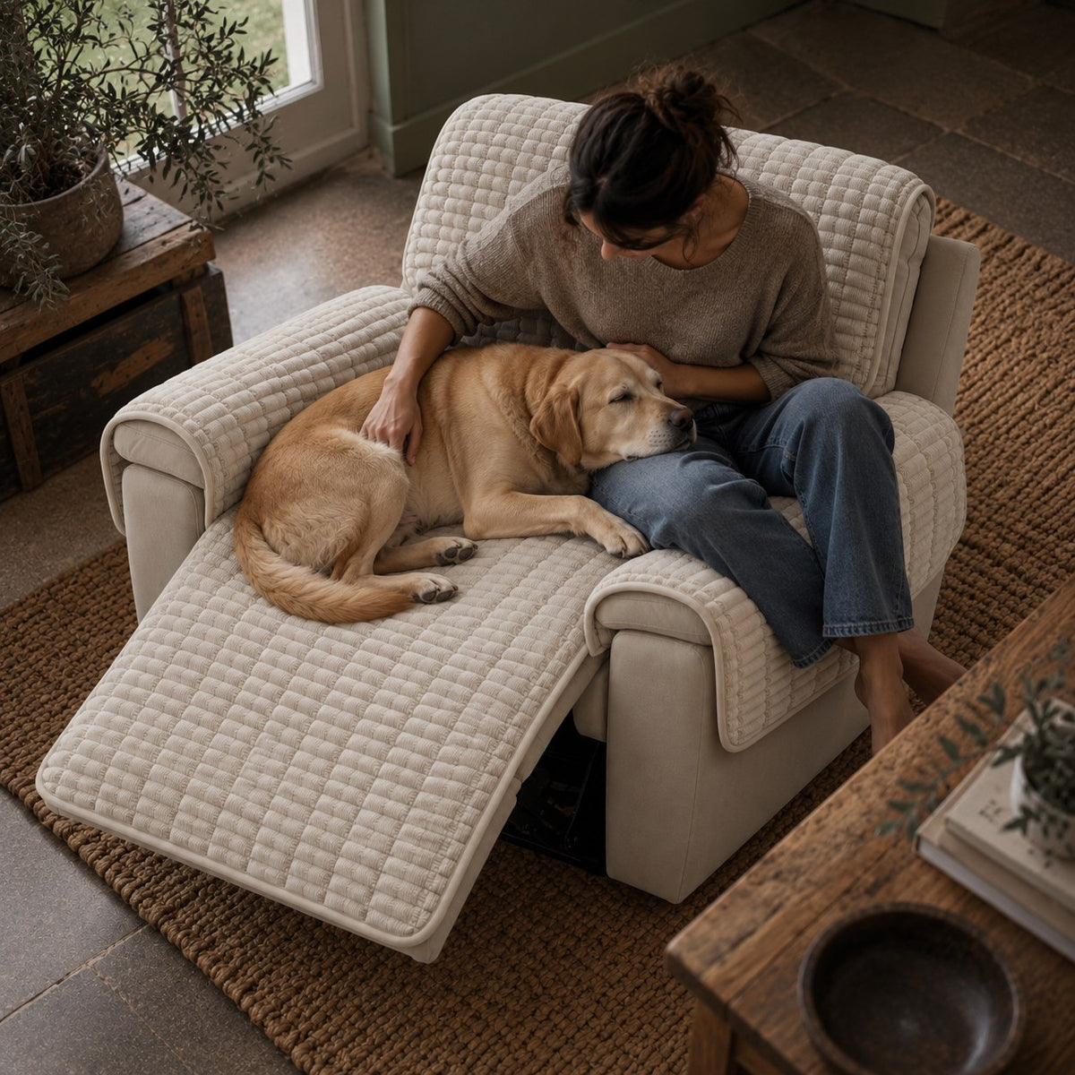 Aldwick pet recliner cover in cream white in use at home | The Fernby