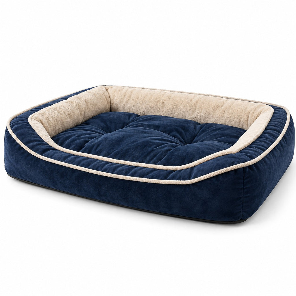 Arkle memory foam dog sofa bed in navy blue on a white background | The Fernby