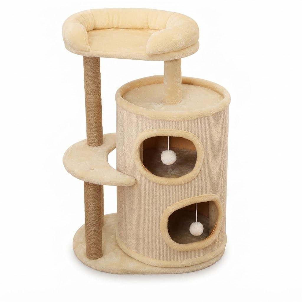 Brough compact cat tree tower with padded top bed in natural wood on a white background | The Fernby