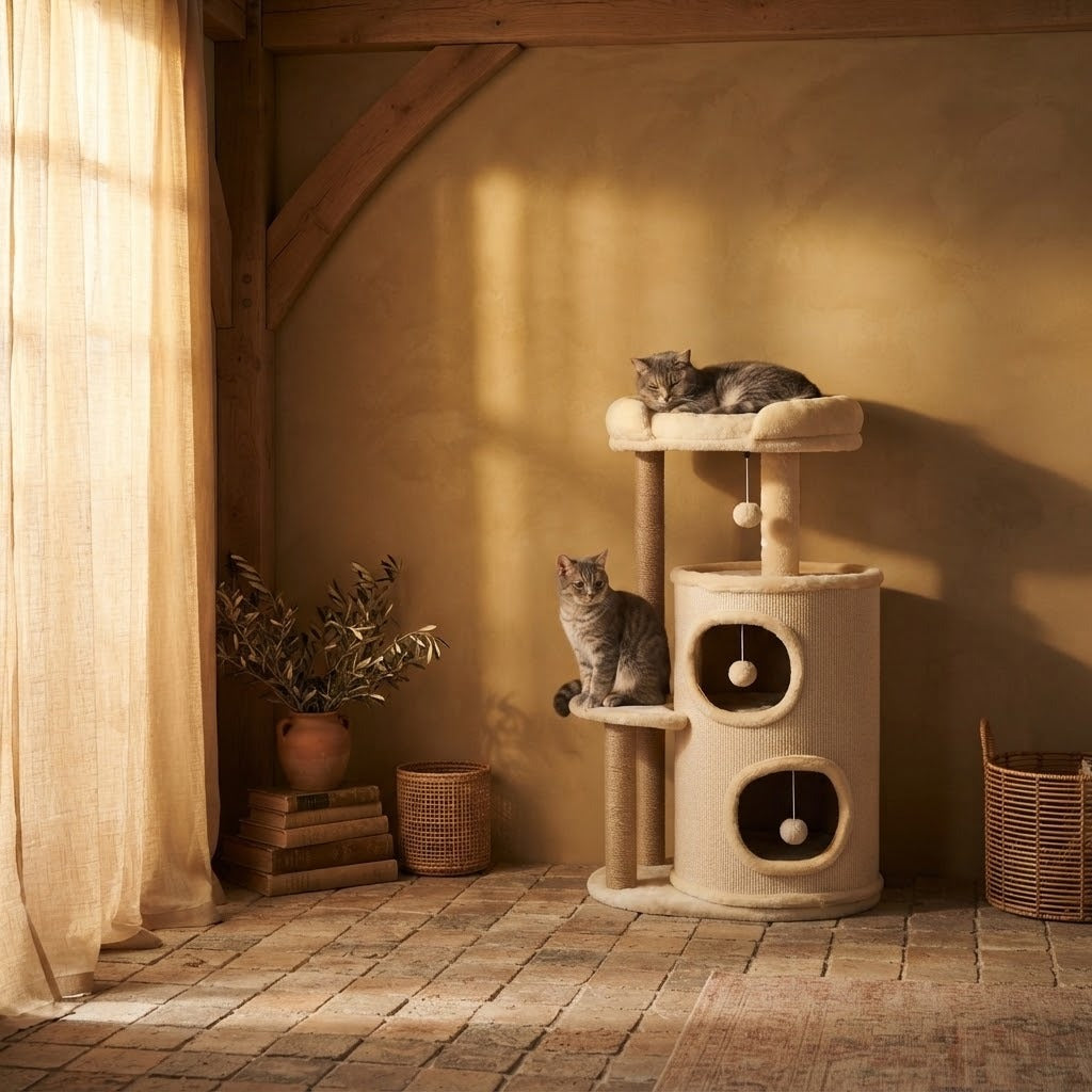 Brough compact cat tree tower with padded top bed in a home setting with a cat | The Fernby