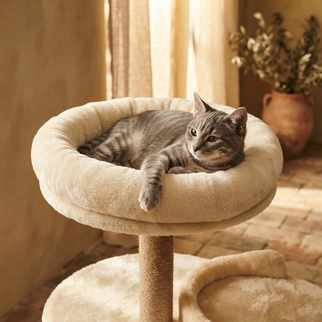 Brough compact cat tree tower with padded top bed in a home setting with a cat | The Fernby