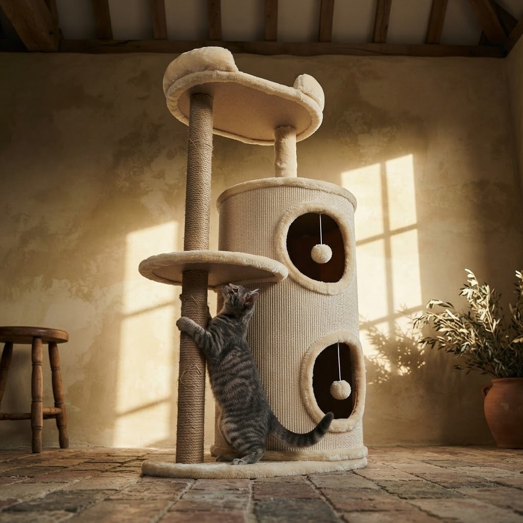 Brough compact cat tree tower with padded top bed in a home setting with a cat | The Fernby