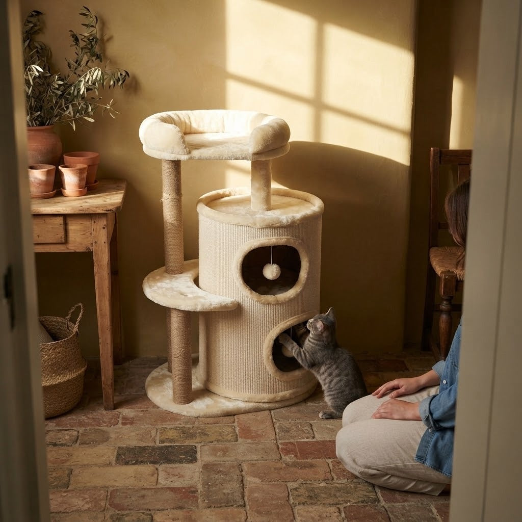 Brough compact cat tree tower with padded top bed in a home setting with a cat | The Fernby