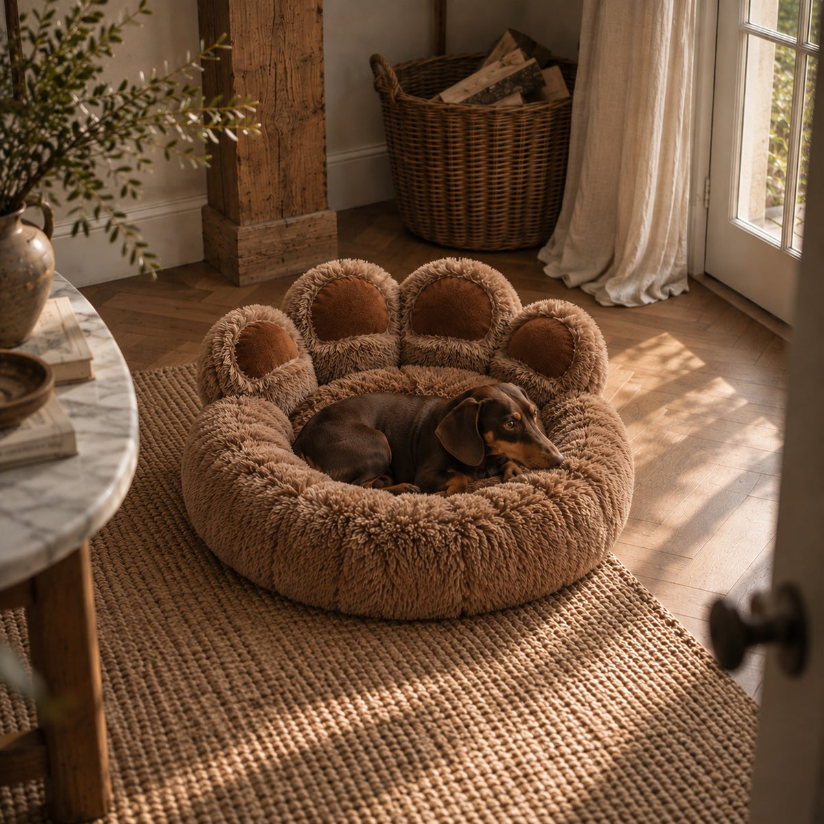 Burrow paw donut dog bed in brown in a home setting | The Fernby