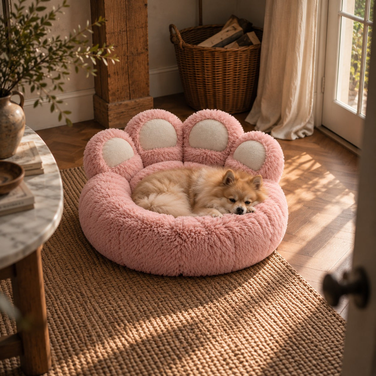 Burrow paw donut dog bed in pink in a home setting | The Fernby