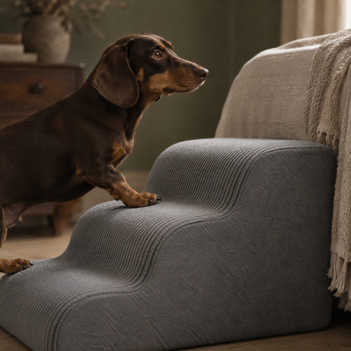 Gorse foldable pet stairs in use at home | The Fernby