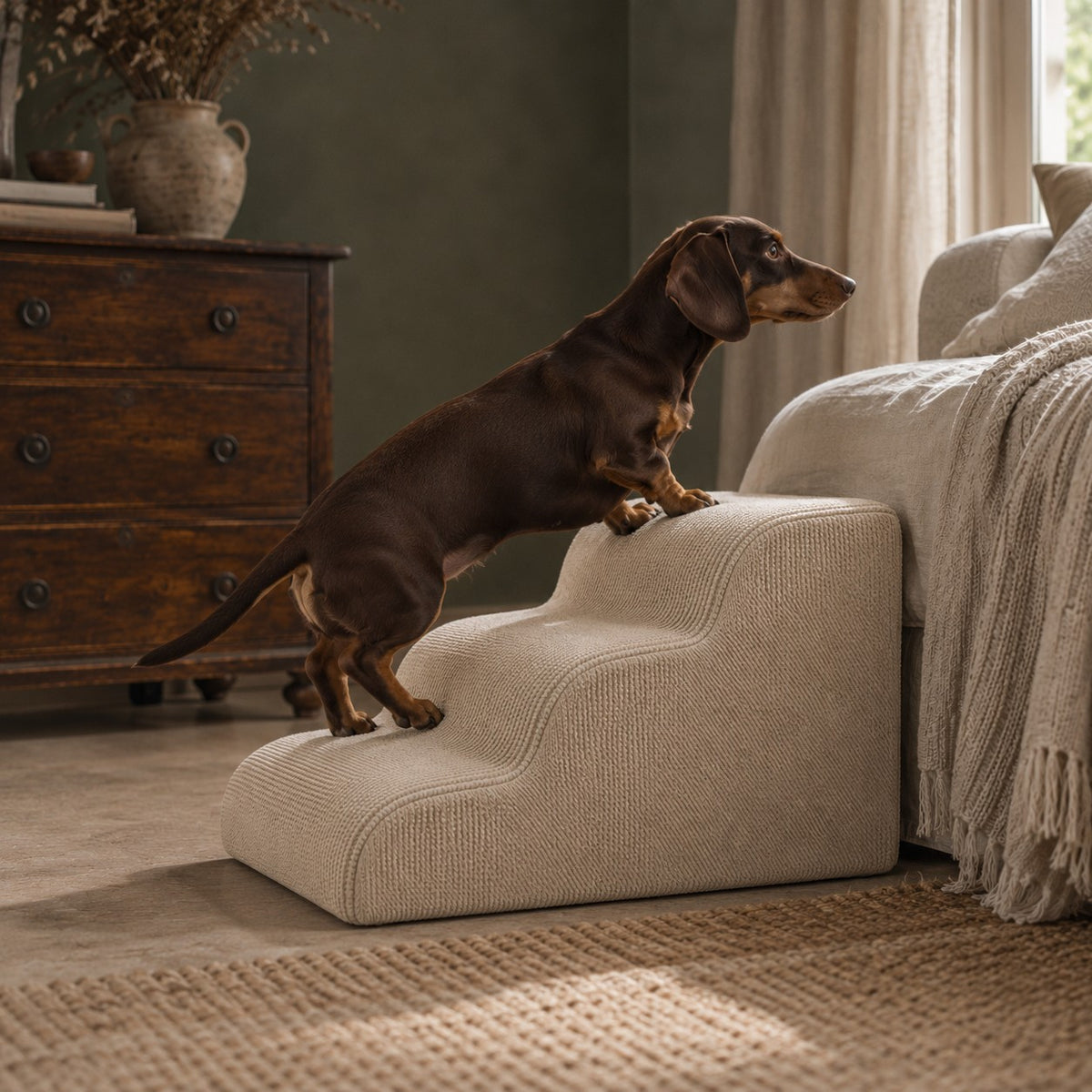 Gorse foldable pet stairs in beige in a home setting | The Fernby