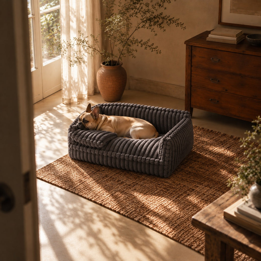 Grange padded dog sofa bed in dark grey in a home setting | The Fernby
