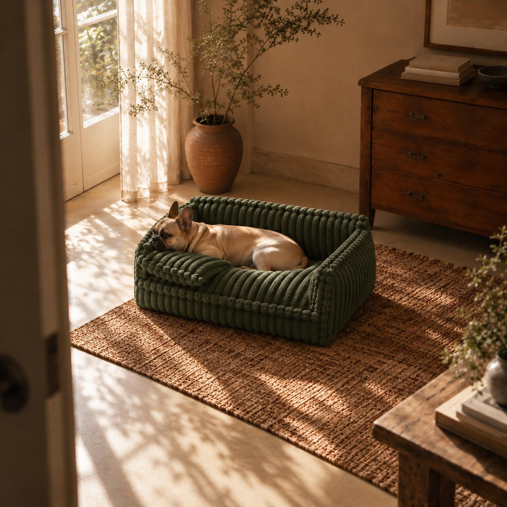 Grange padded dog sofa bed in dark green in a home setting | The Fernby
