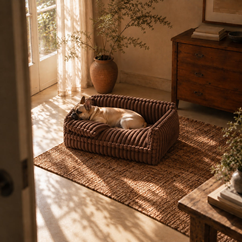 Grange padded dog sofa bed in brown in a home setting | The Fernby