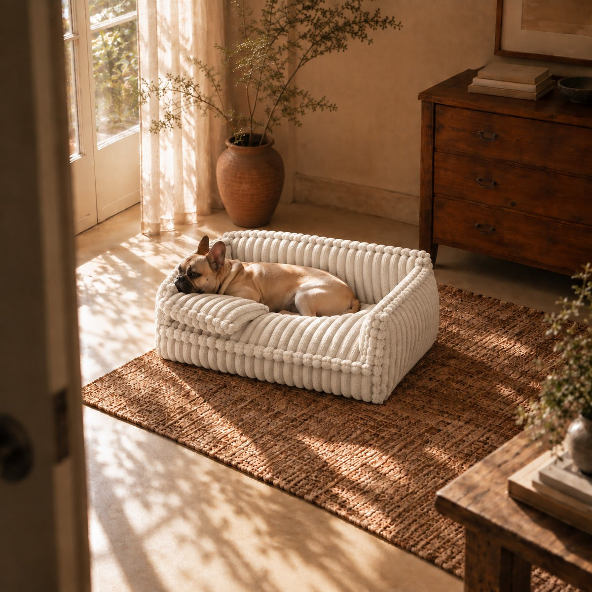 Grange padded dog sofa bed in white in a home setting | The Fernby