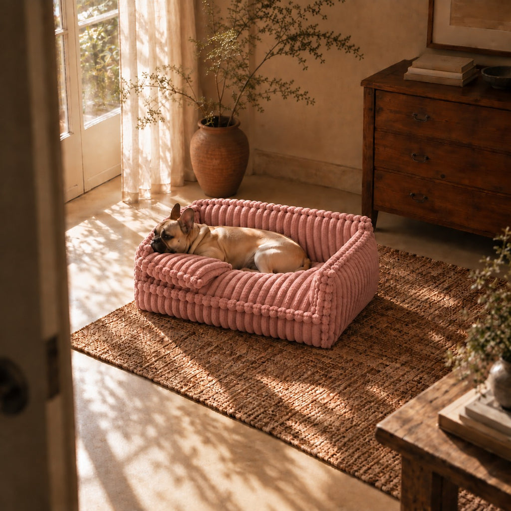 Grange padded dog sofa bed in pink in a home setting | The Fernby