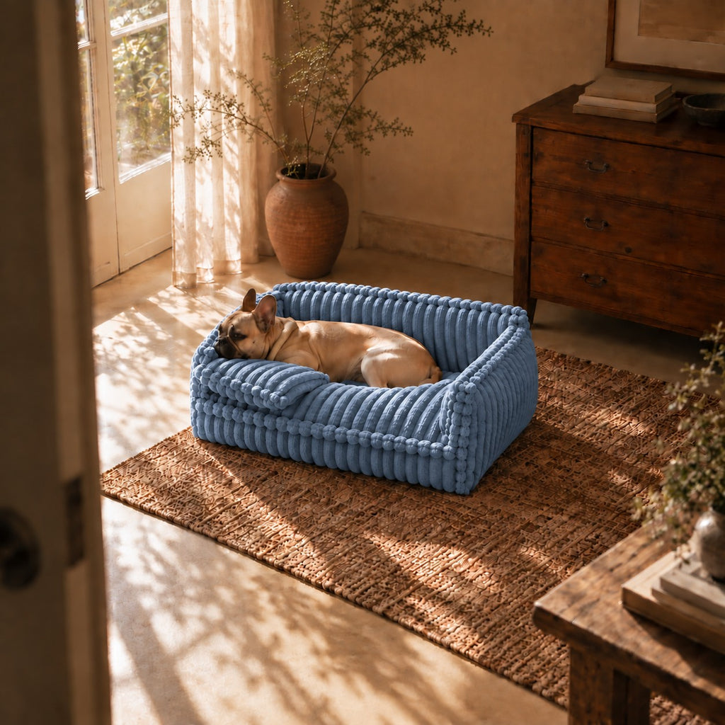 Grange padded dog sofa bed in blue in a home setting | The Fernby