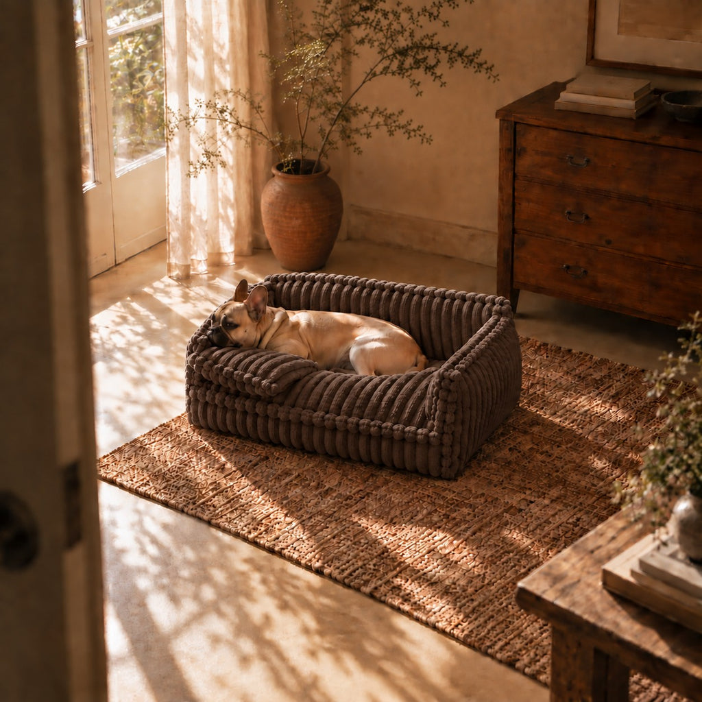 Grange padded dog sofa bed in dark brown in a home setting | The Fernby