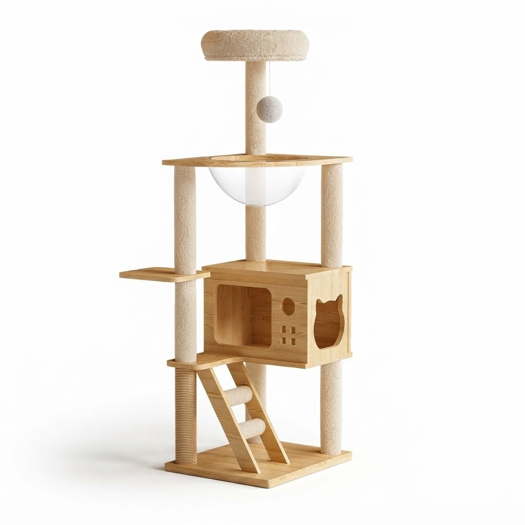Irthing compact cat tree with cat-face cube house in natural wood on a white background | The Fernby