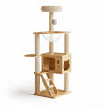Irthing compact cat tree with cat-face cube house in natural wood on a white background | The Fernby