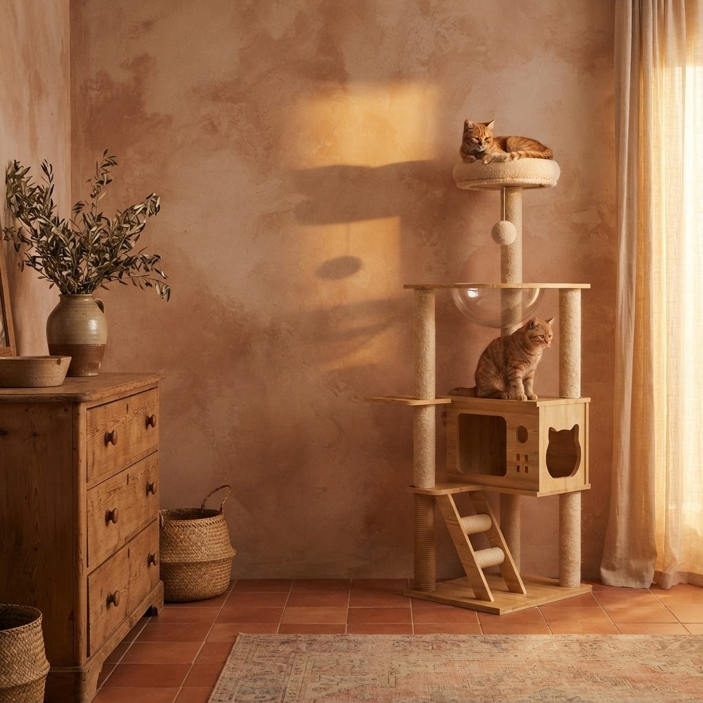 Irthing compact cat tree with cat-face cube house in a home setting with a cat | The Fernby