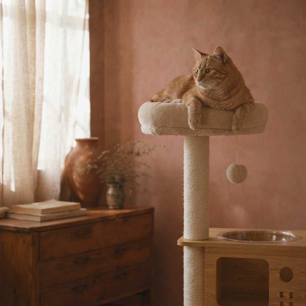 Irthing compact cat tree with cat-face cube house in a home setting with a cat | The Fernby