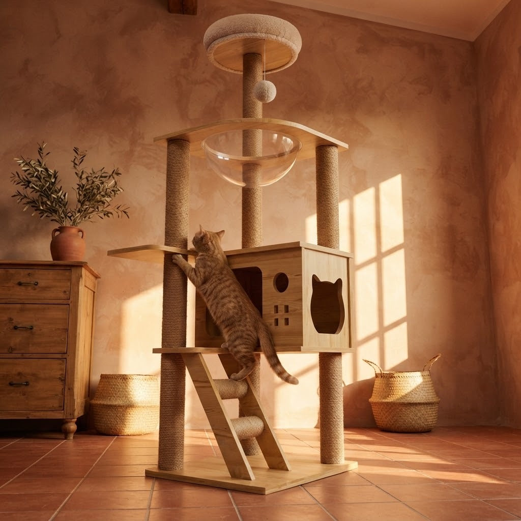 Irthing compact cat tree with cat-face cube house in a home setting with a cat | The Fernby