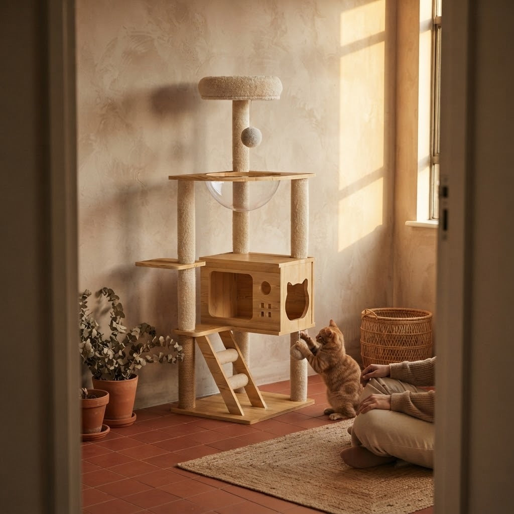 Irthing compact cat tree with cat-face cube house in a home setting with a cat | The Fernby