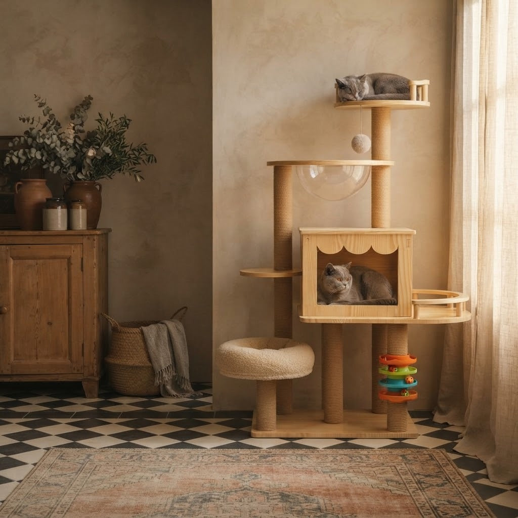 Lune multi-level cat tree with plush donut bed in a home setting with a cat | The Fernby