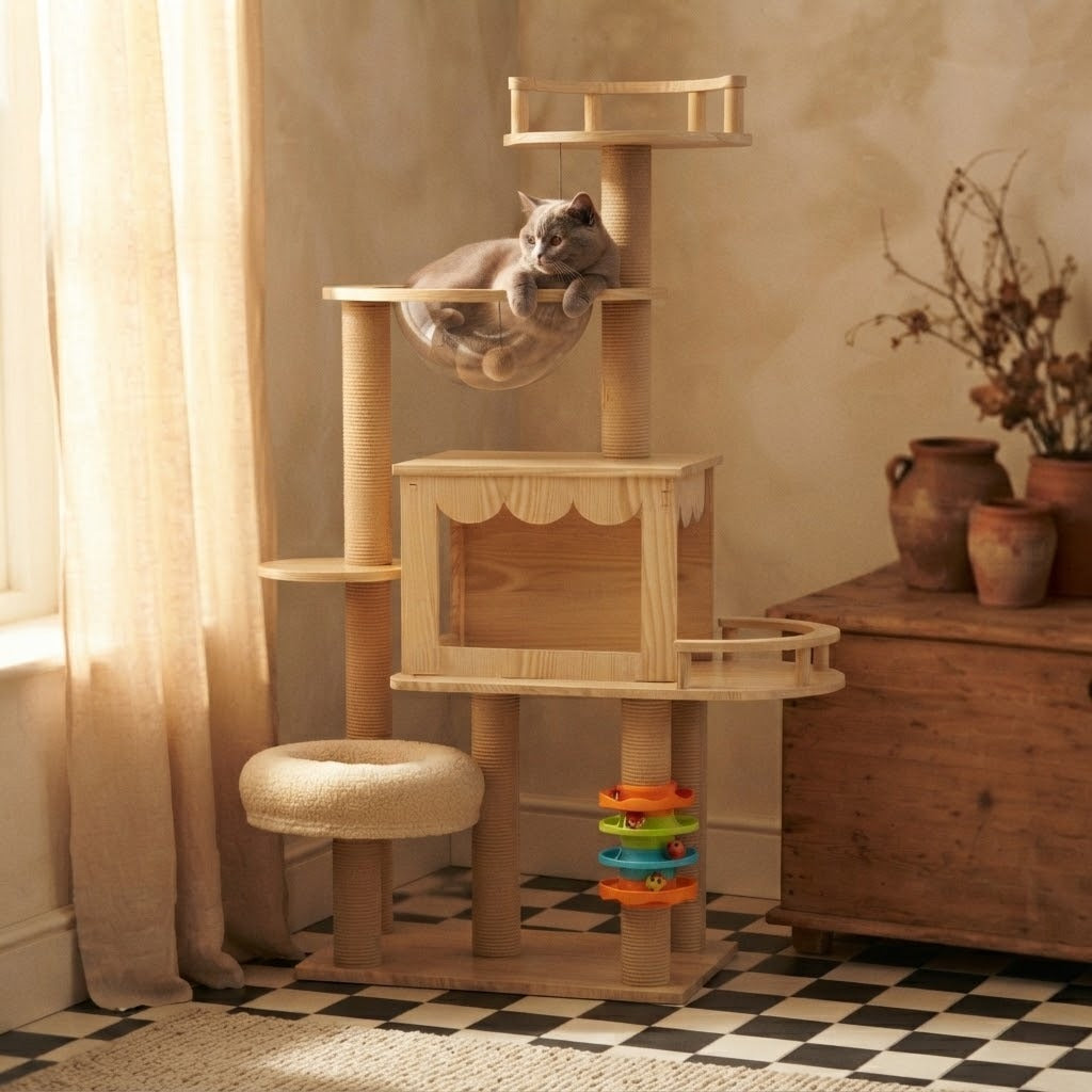 Lune multi-level cat tree with plush donut bed in a home setting with a cat | The Fernby