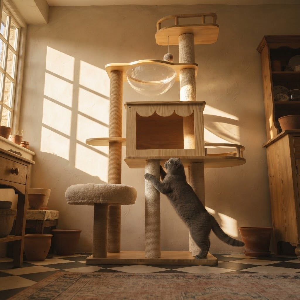 Lune multi-level cat tree with plush donut bed in a home setting with a cat | The Fernby