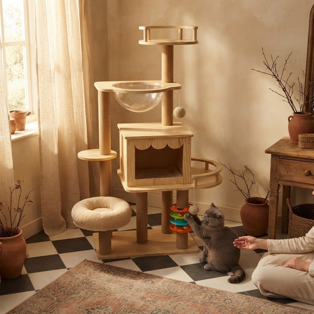 Lune multi-level cat tree with plush donut bed in a home setting with a cat | The Fernby