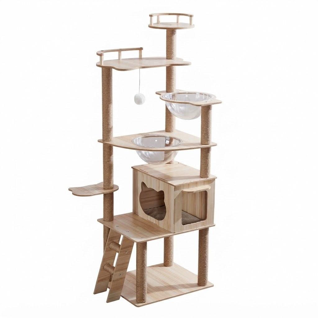 Newby tall cat tree tower with railed top lookout in natural wood on a white background | The Fernby