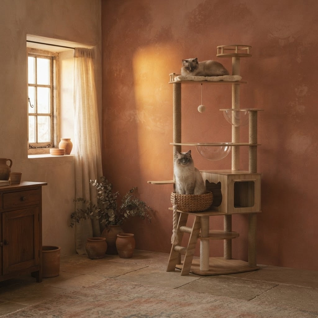 Newby tall cat tree tower with railed top lookout in a home setting with a cat | The Fernby