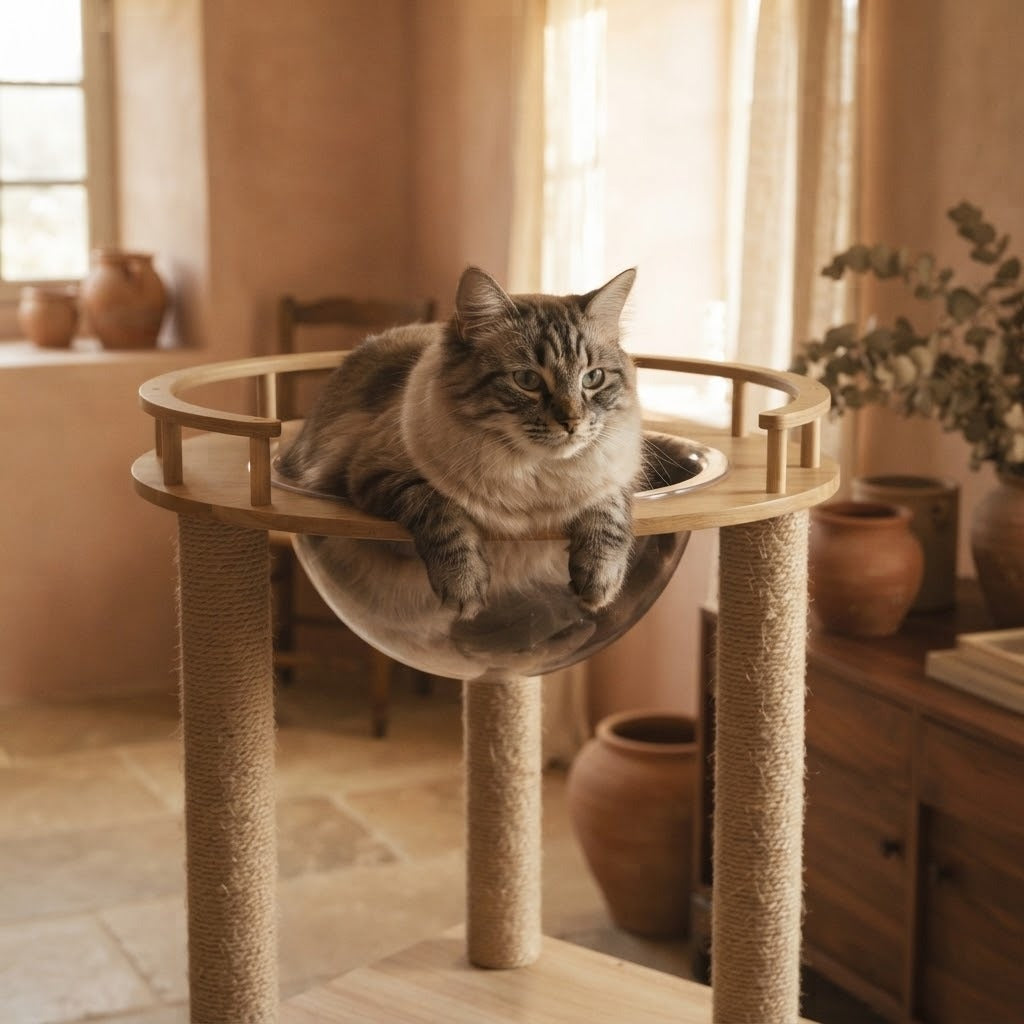 Newby tall cat tree tower with railed top lookout in a home setting with a cat | The Fernby