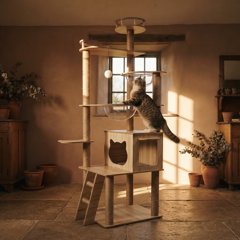 Newby tall cat tree tower with railed top lookout in a home setting with a cat | The Fernby