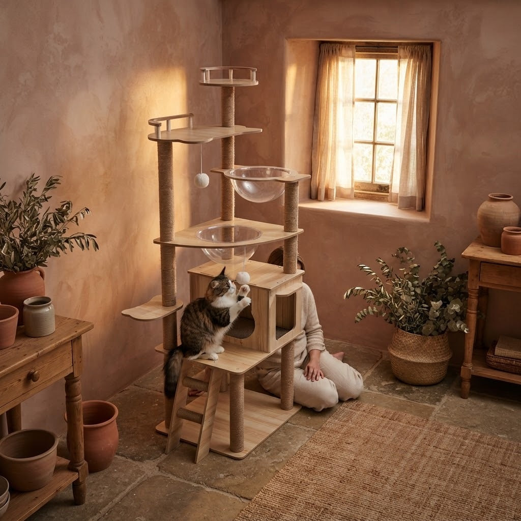 Newby tall cat tree tower with railed top lookout in a home setting with a cat | The Fernby
