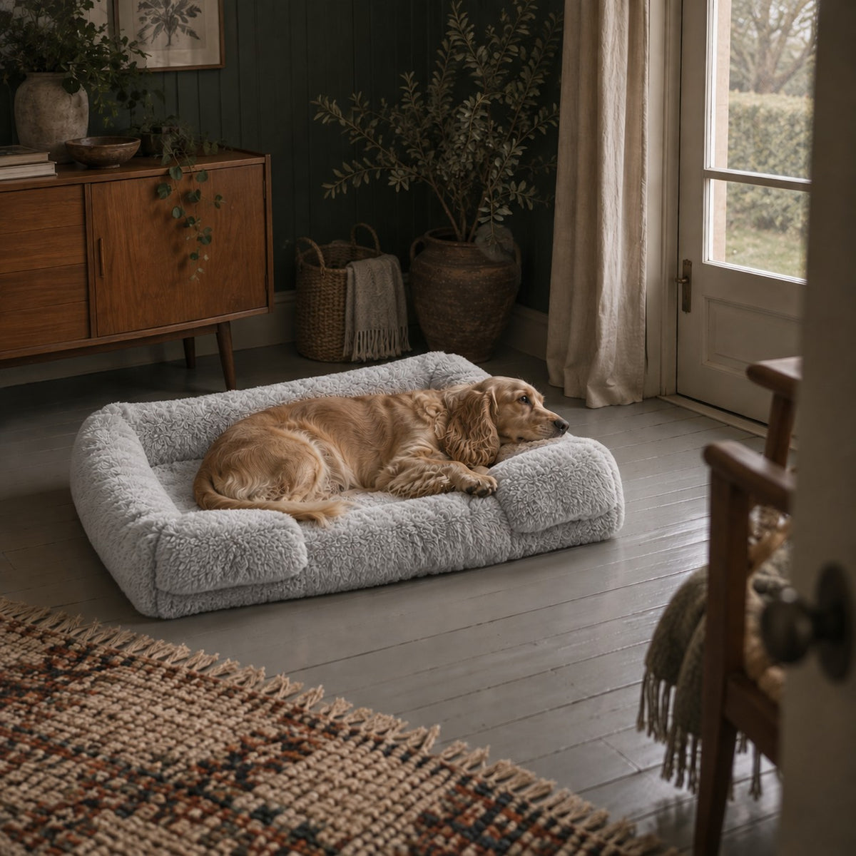 Ottery padded dog sofa bed in light grey in a home setting | The Fernby