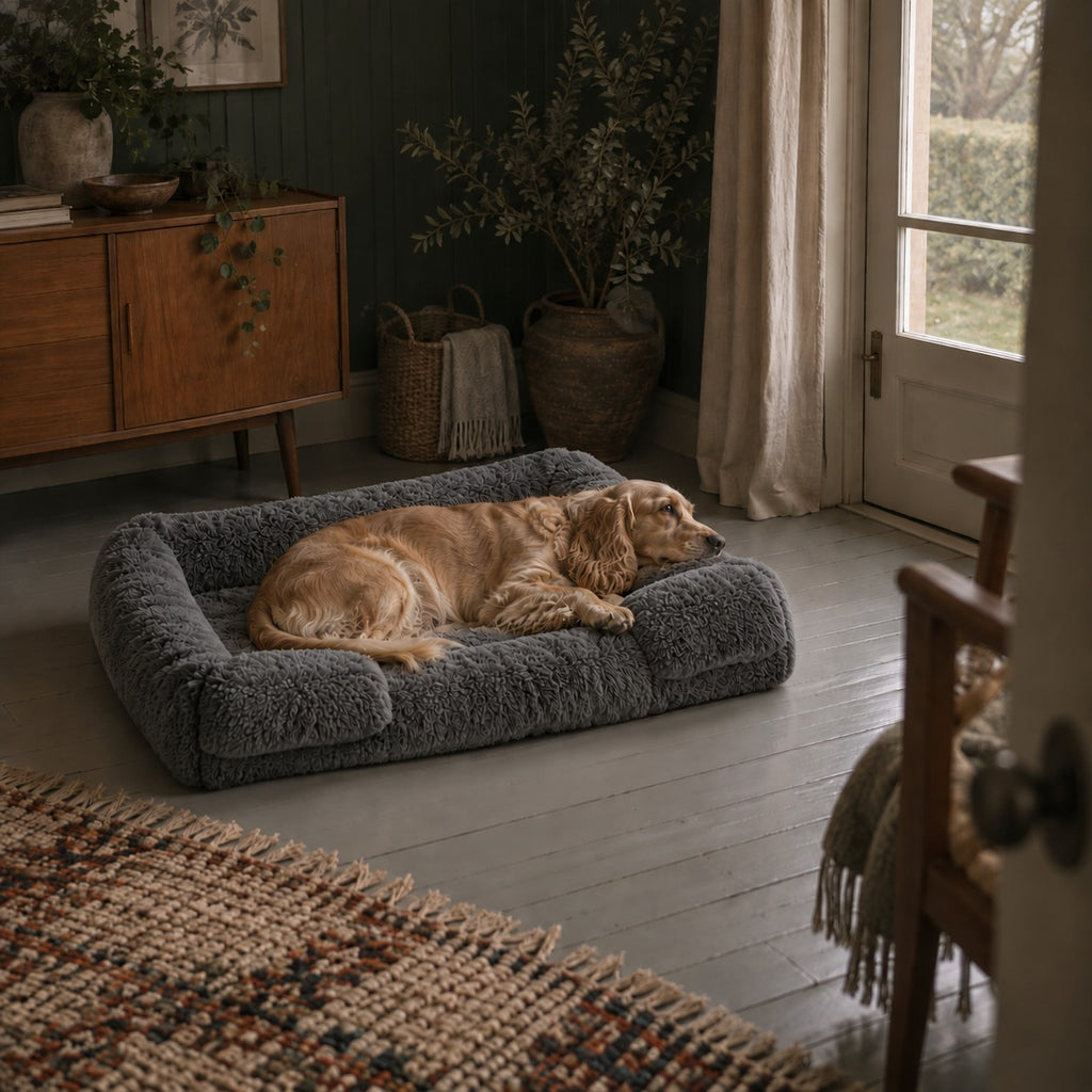 Ottery padded dog sofa bed in dark grey in a home setting | The Fernby