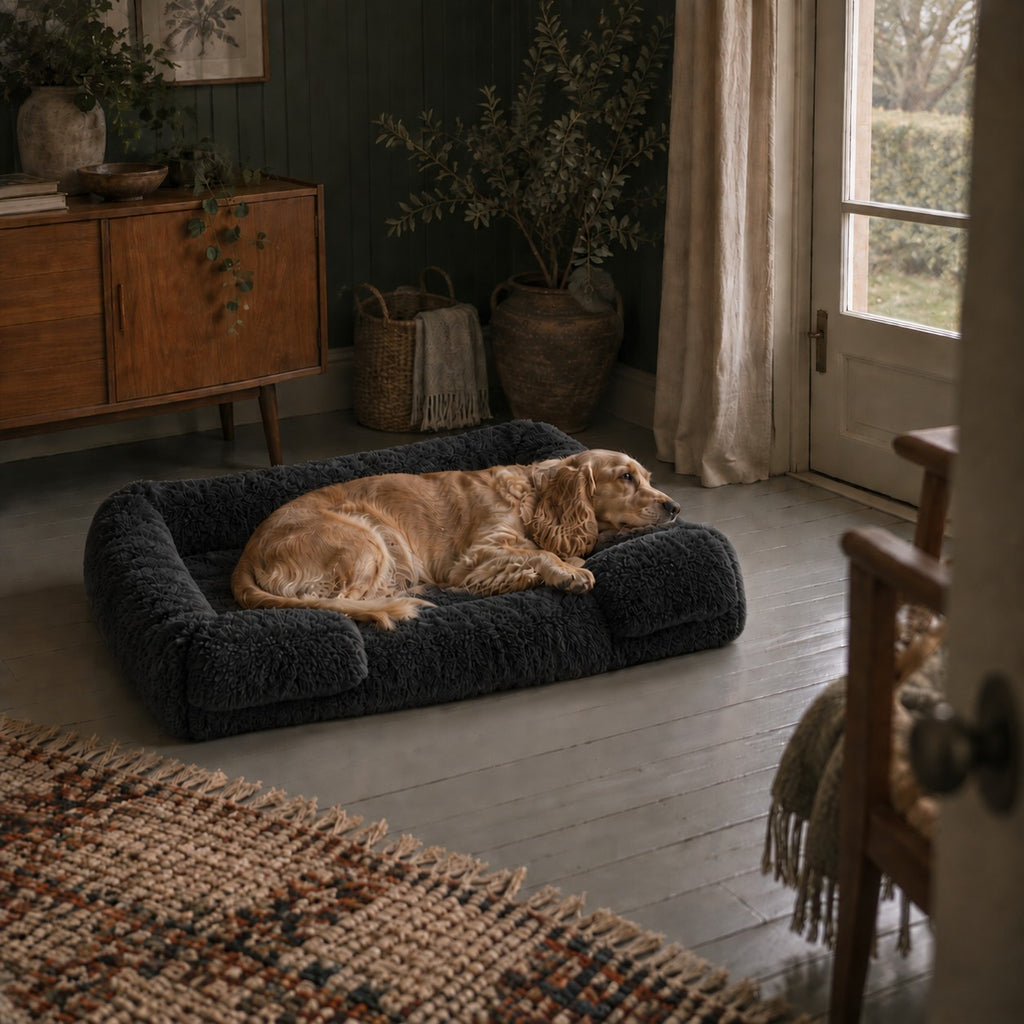 Ottery padded dog sofa bed in black in a home setting | The Fernby