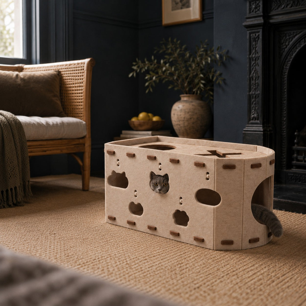Quill felt cat hideout in beige in a home setting | The Fernby
