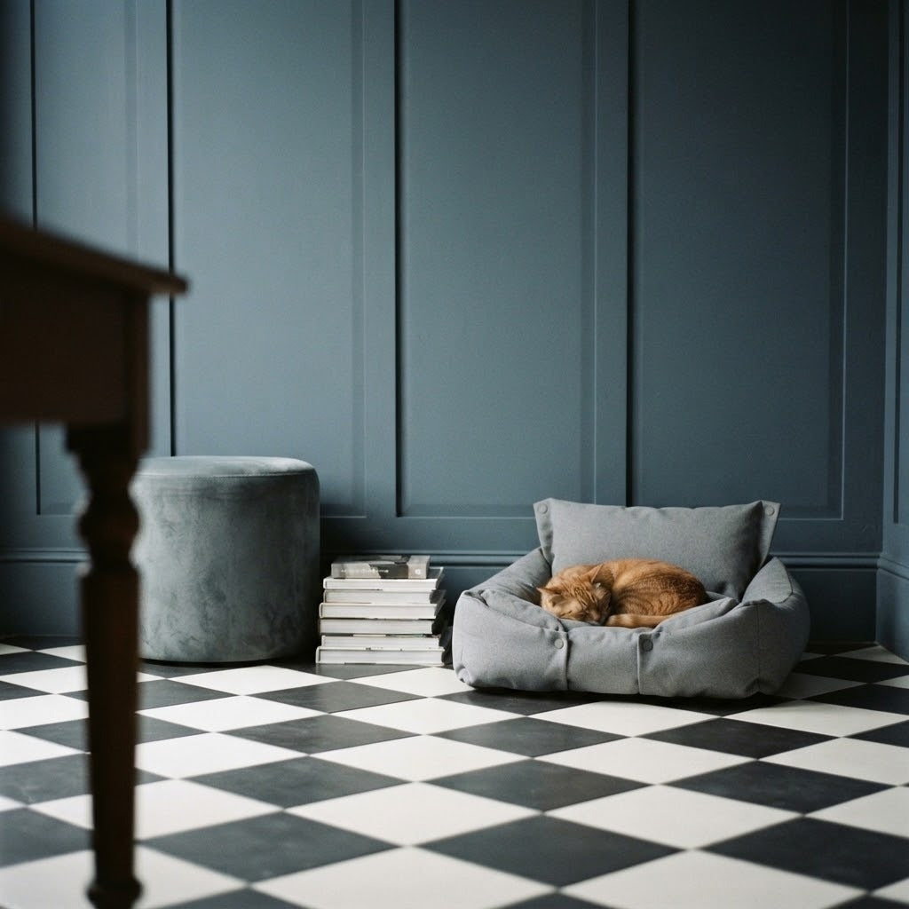 Sandon washable 3-in-1 pet bed in grey in use at home with a cat | The Fernby