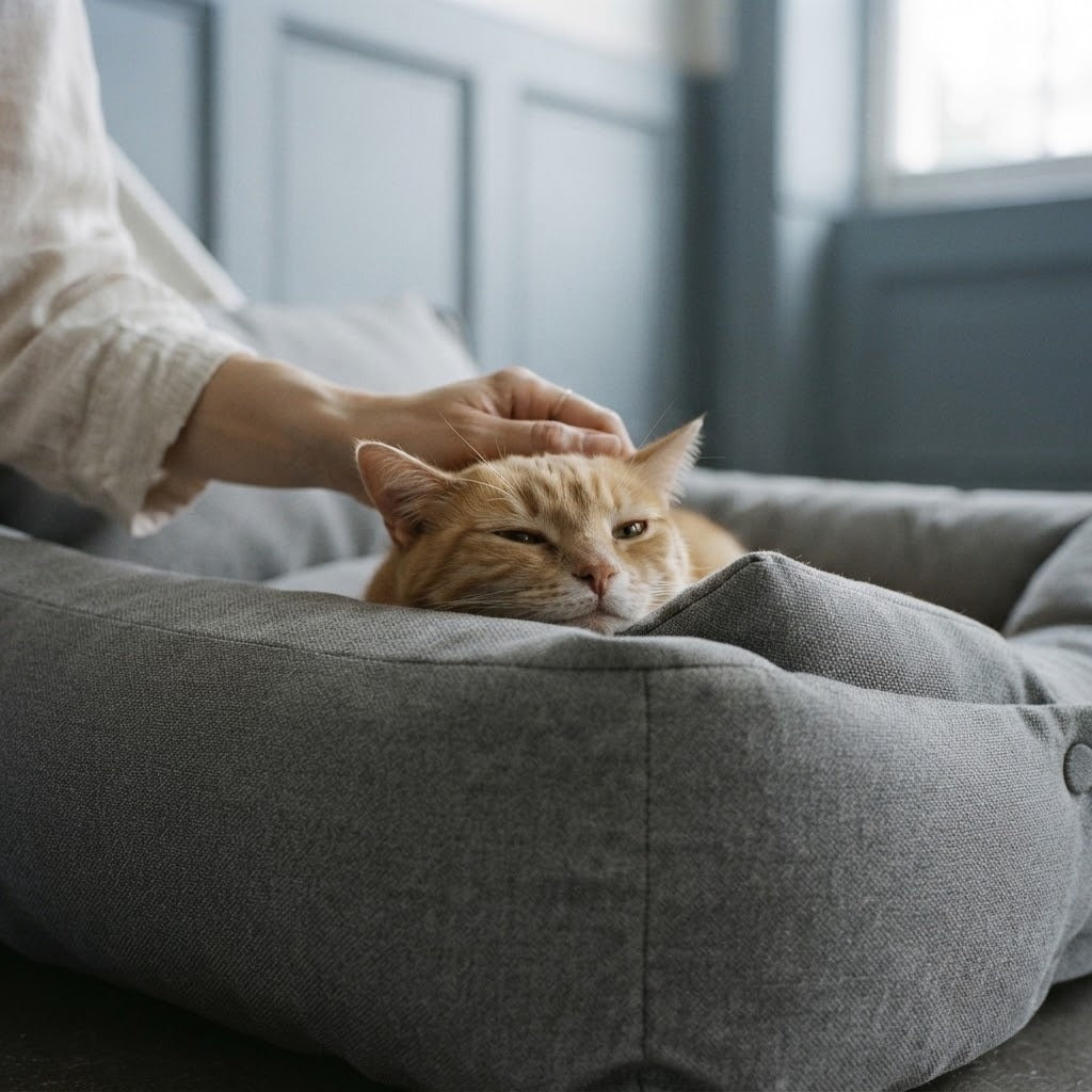 Sandon washable 3-in-1 pet bed in grey in use at home with a cat | The Fernby