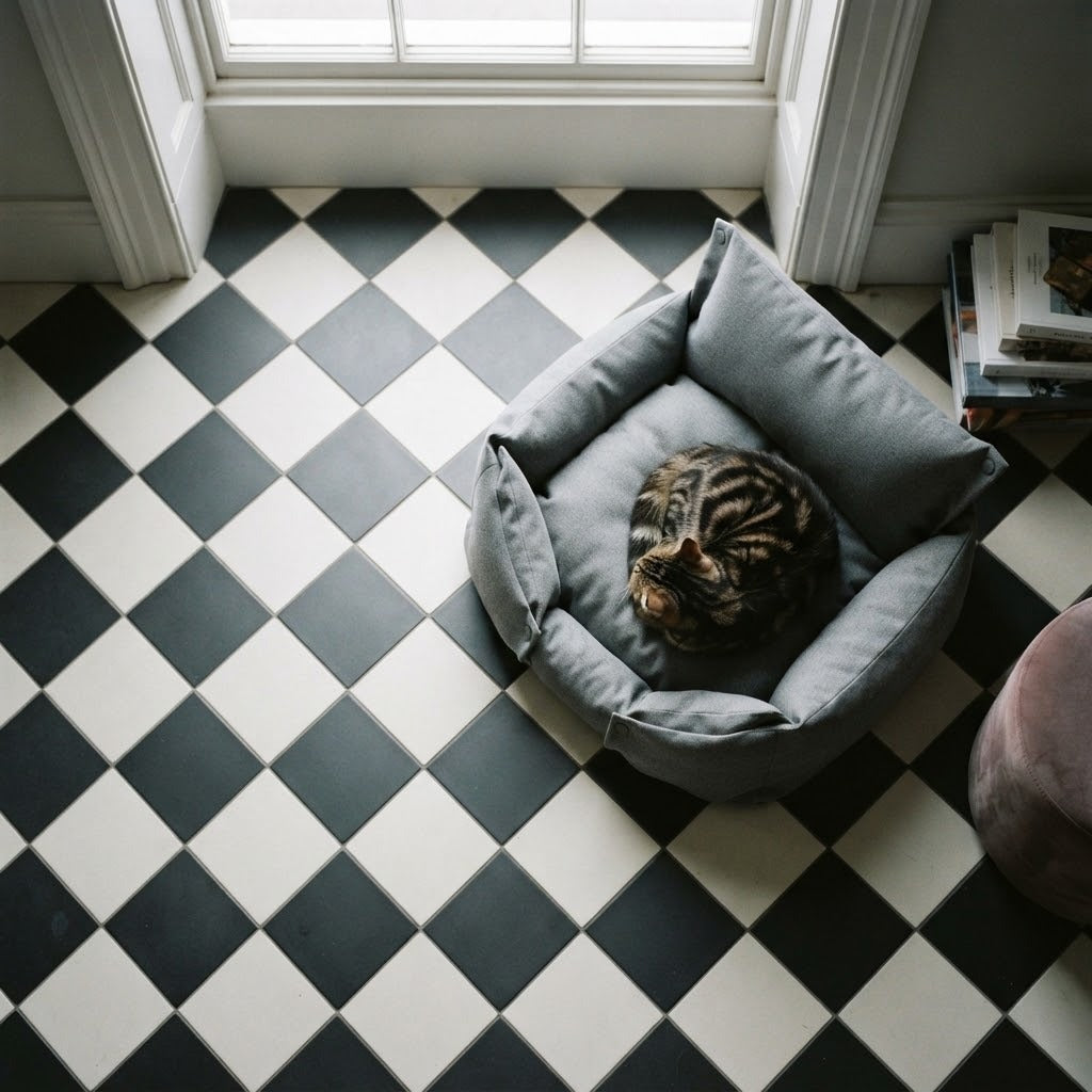 Sandon washable 3-in-1 pet bed in grey in use at home with a cat | The Fernby